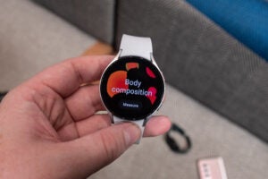 Galaxy Watch 4 with white strap body composition