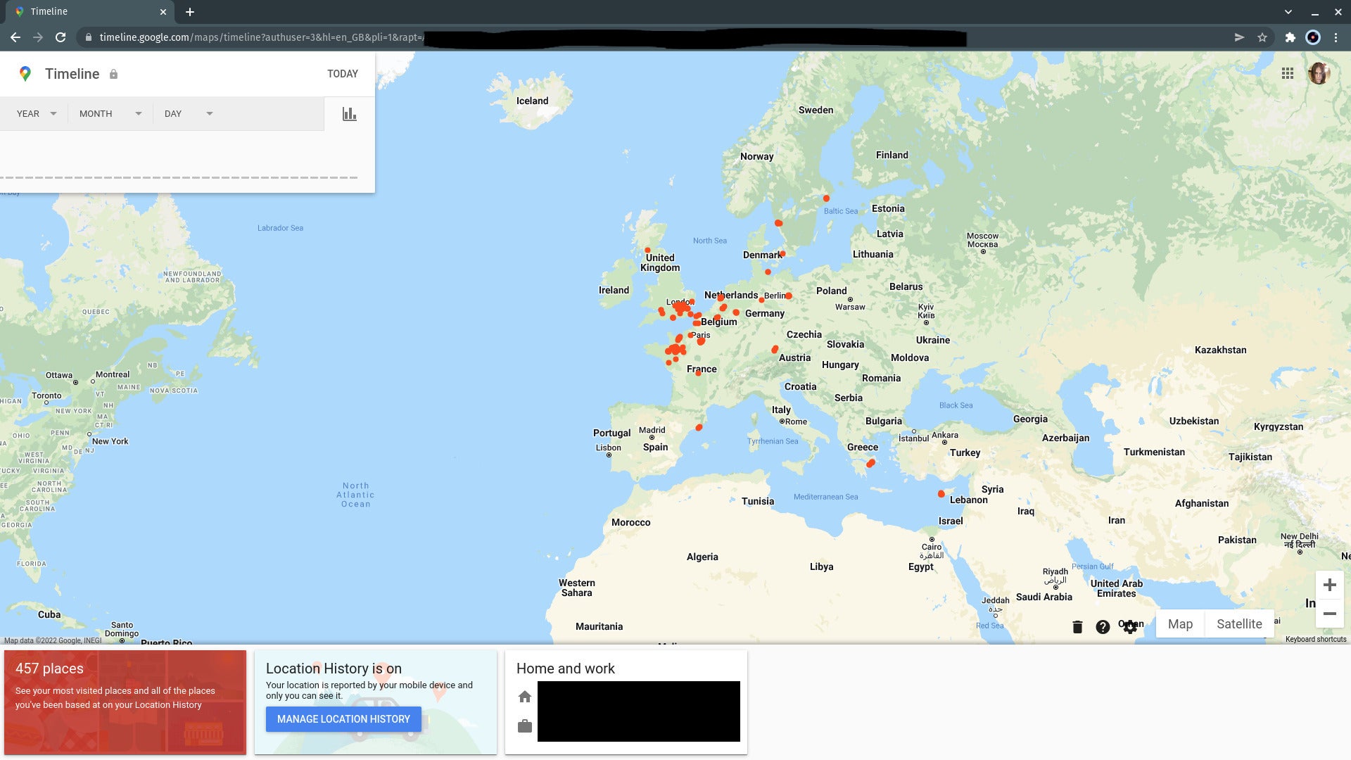The Manage History map shows dots around Europe where the user has been