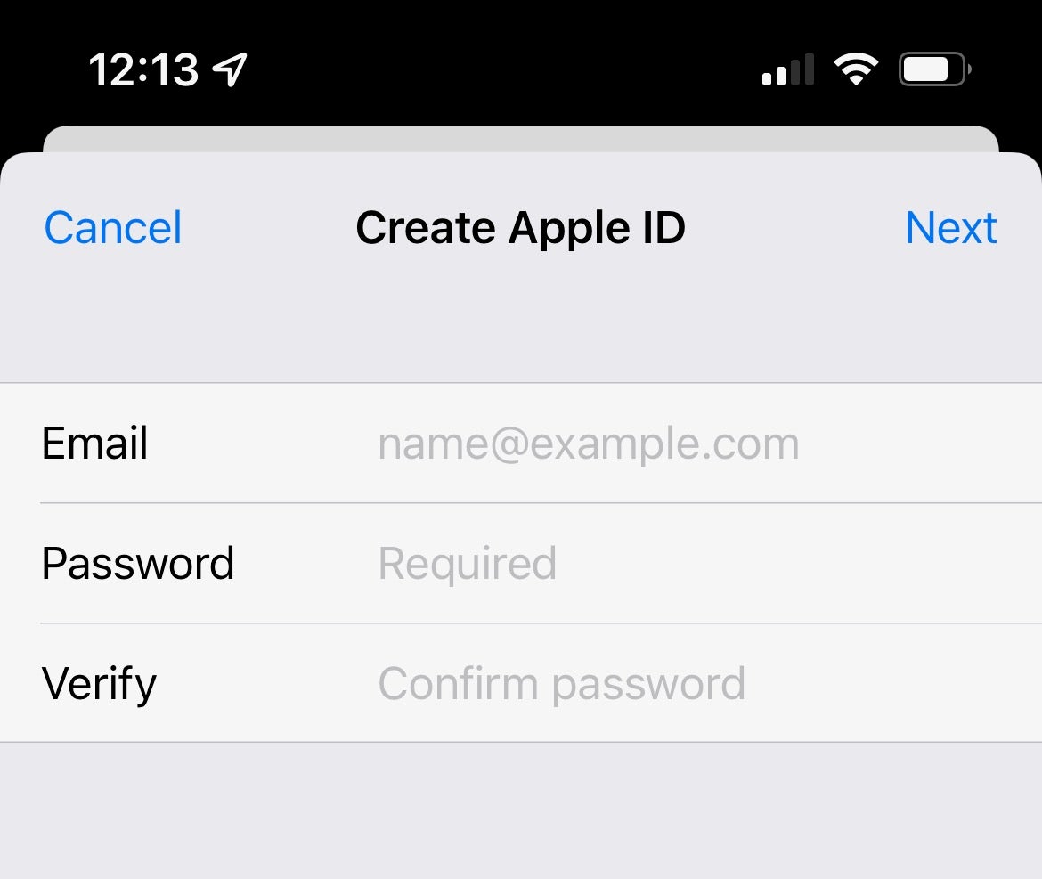 iOS create Apple ID  email password