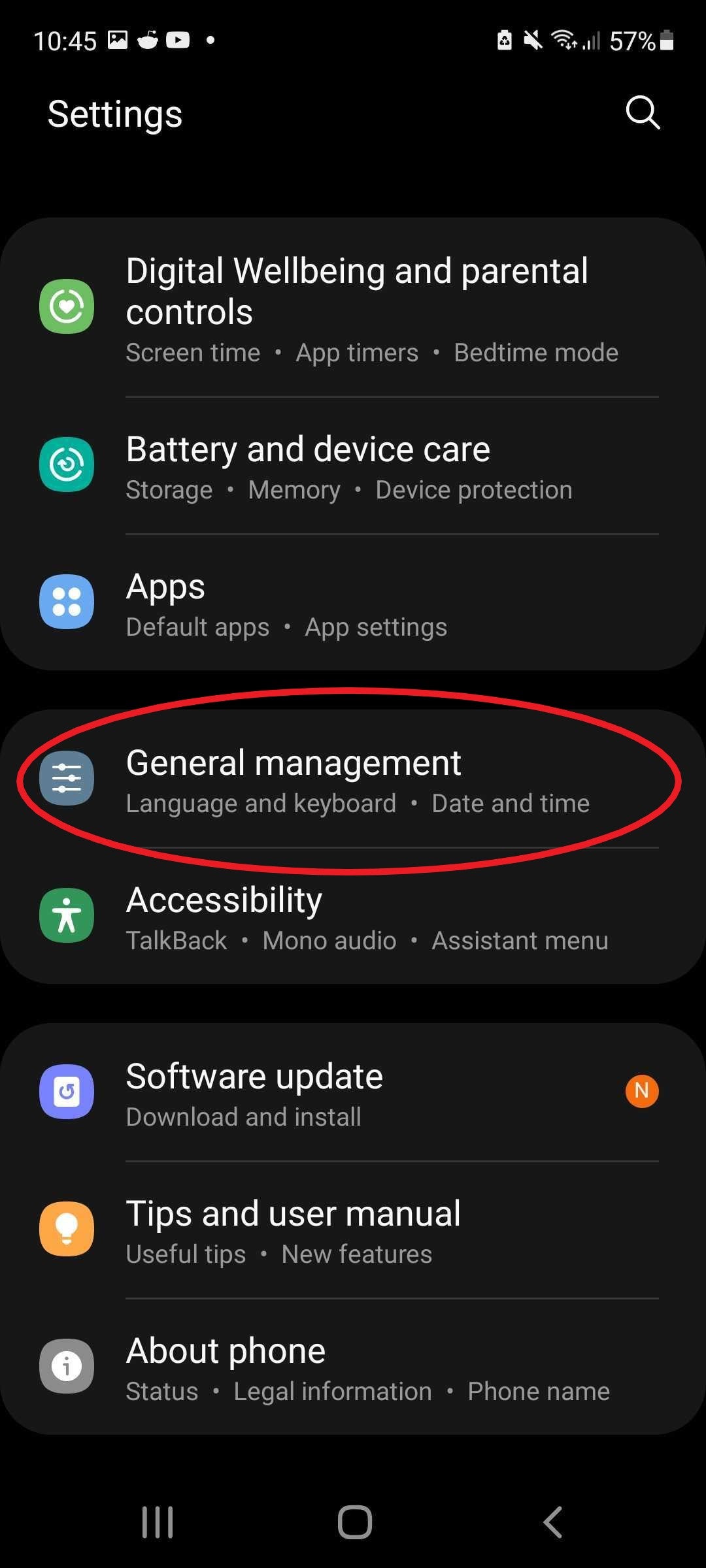 Samsung general management settings