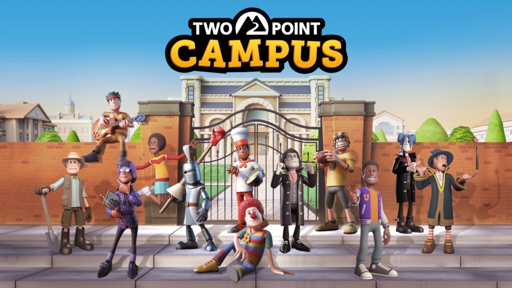 The key art for Two Point Campus, showing the opening of the uni and some of the characters in the game