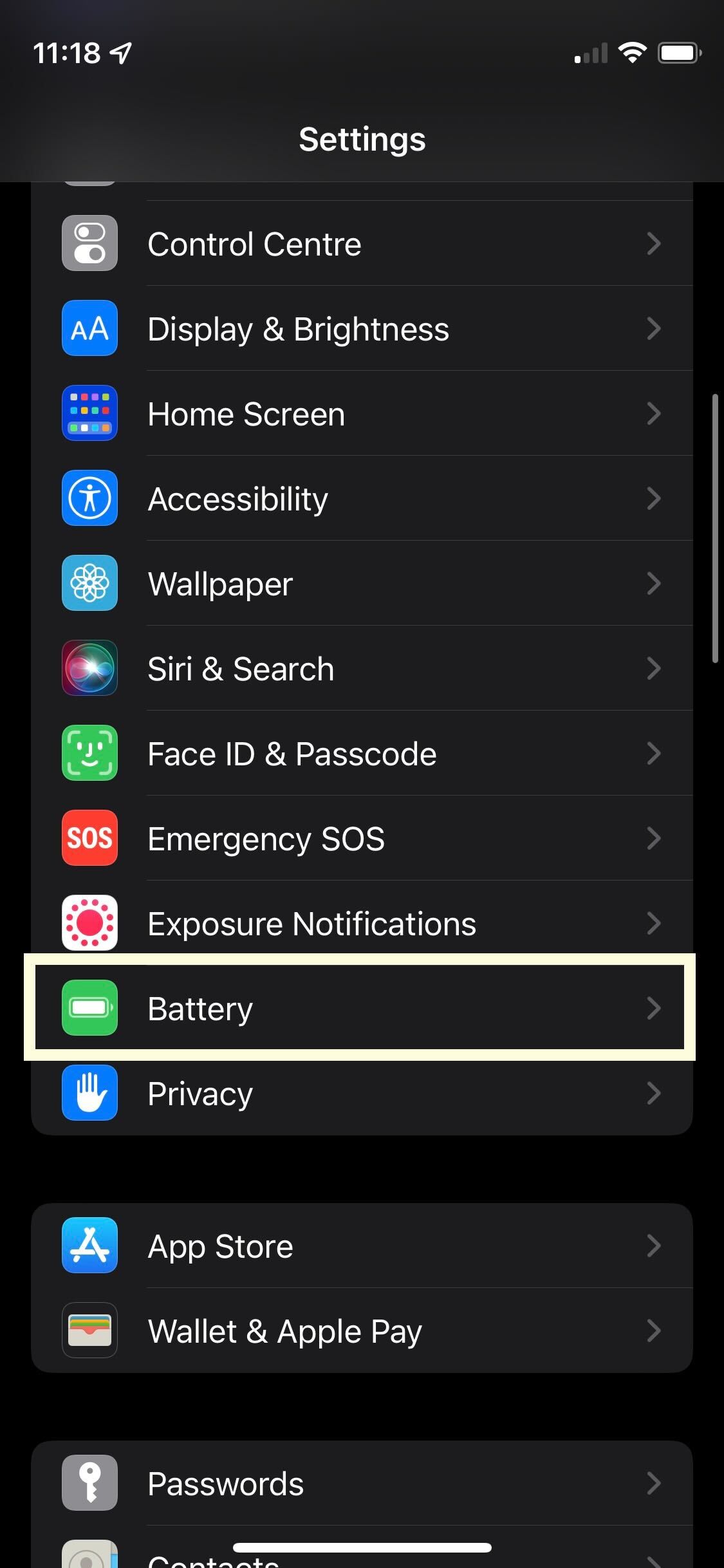 Battery button on Settings on iPhone